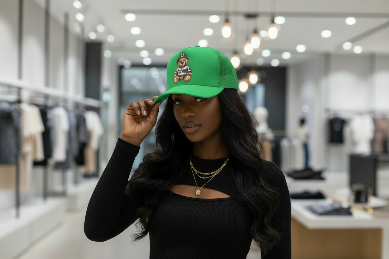 GRIND BEAR TRUCKER HAT.