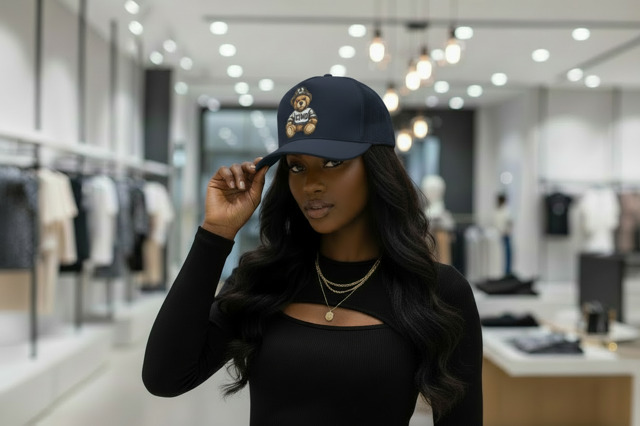 GRIND BEAR TRUCKER HAT.