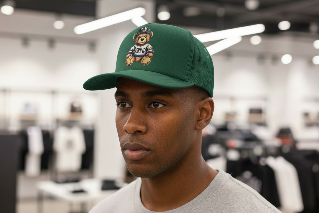 GRIND BEAR TRUCKER HAT.