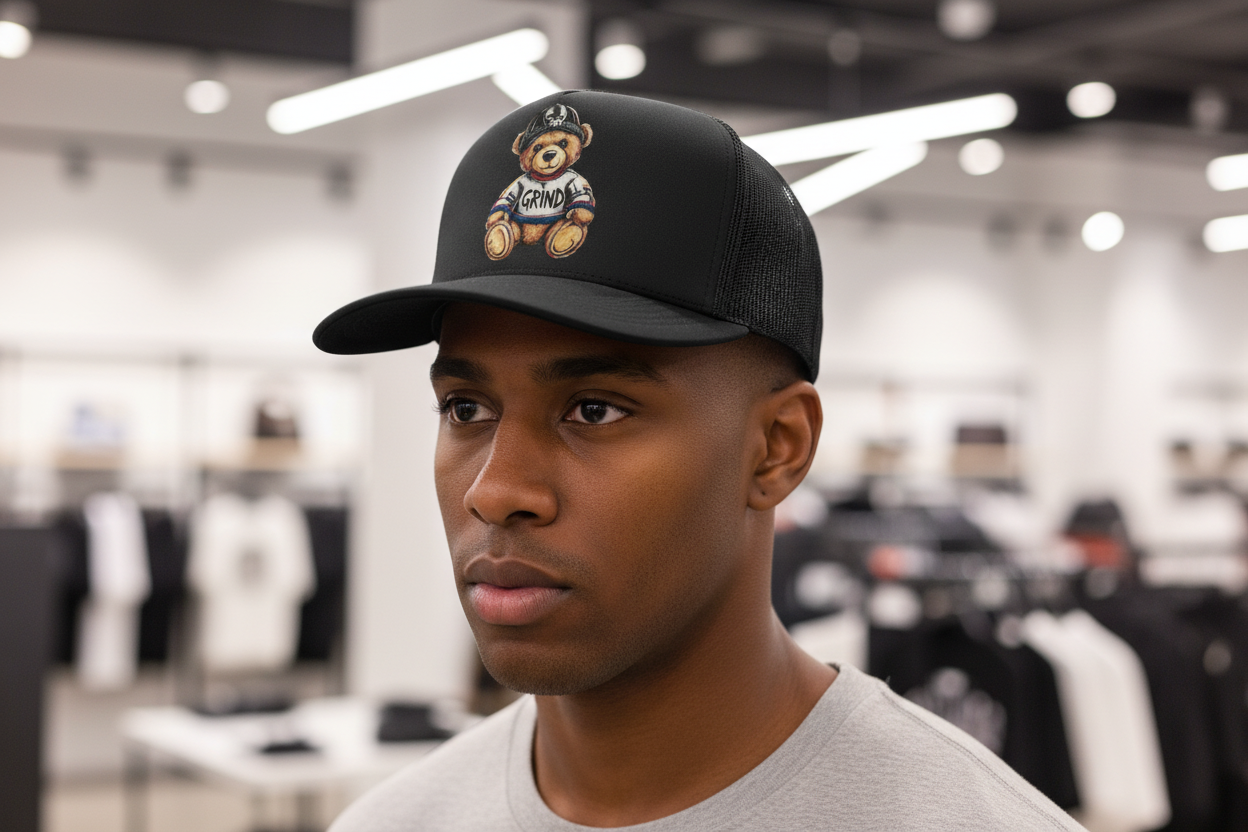 GRIND BEAR TRUCKER HAT.